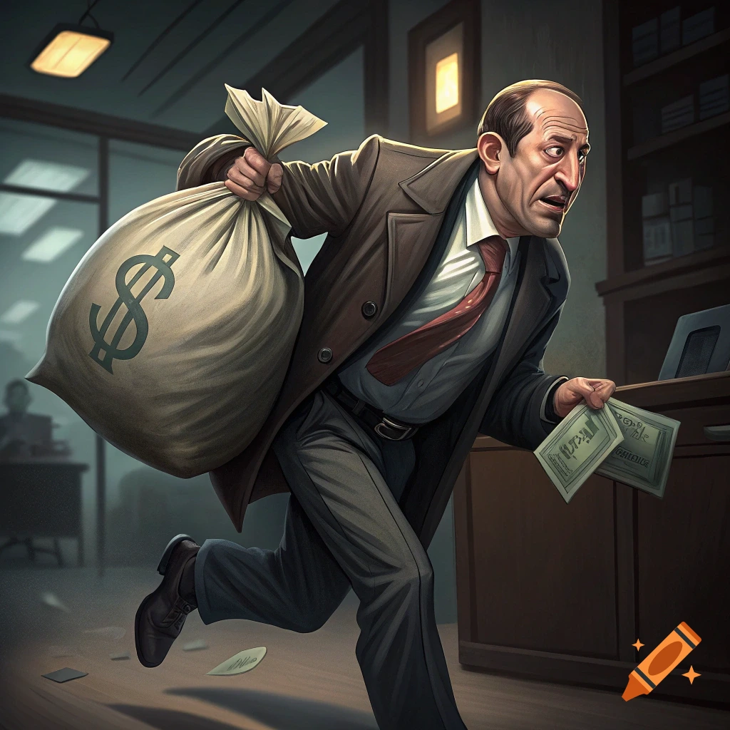 Cartoon illustration of a man in a suit running away with a large bag of money and banknotes.