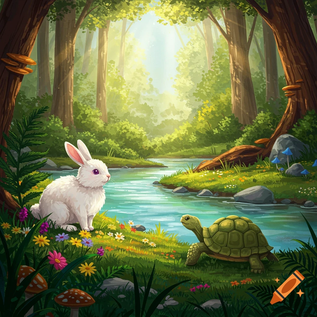 A white rabbit and a tortoise by a river in a sunlit fantasy forest.