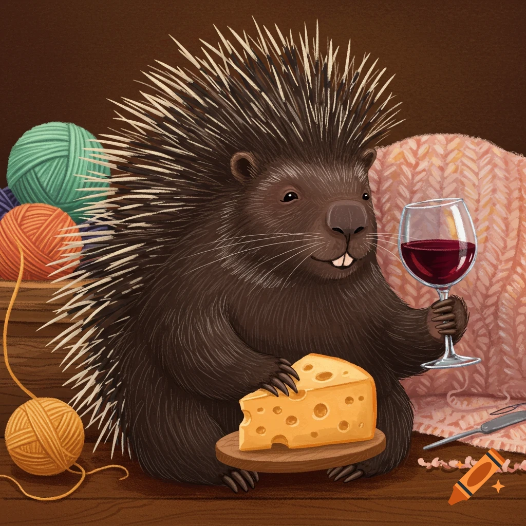 A porcupine is holding a glass of red wine and a wedge of cheese, sitting among balls of yarn and knitting supplies.