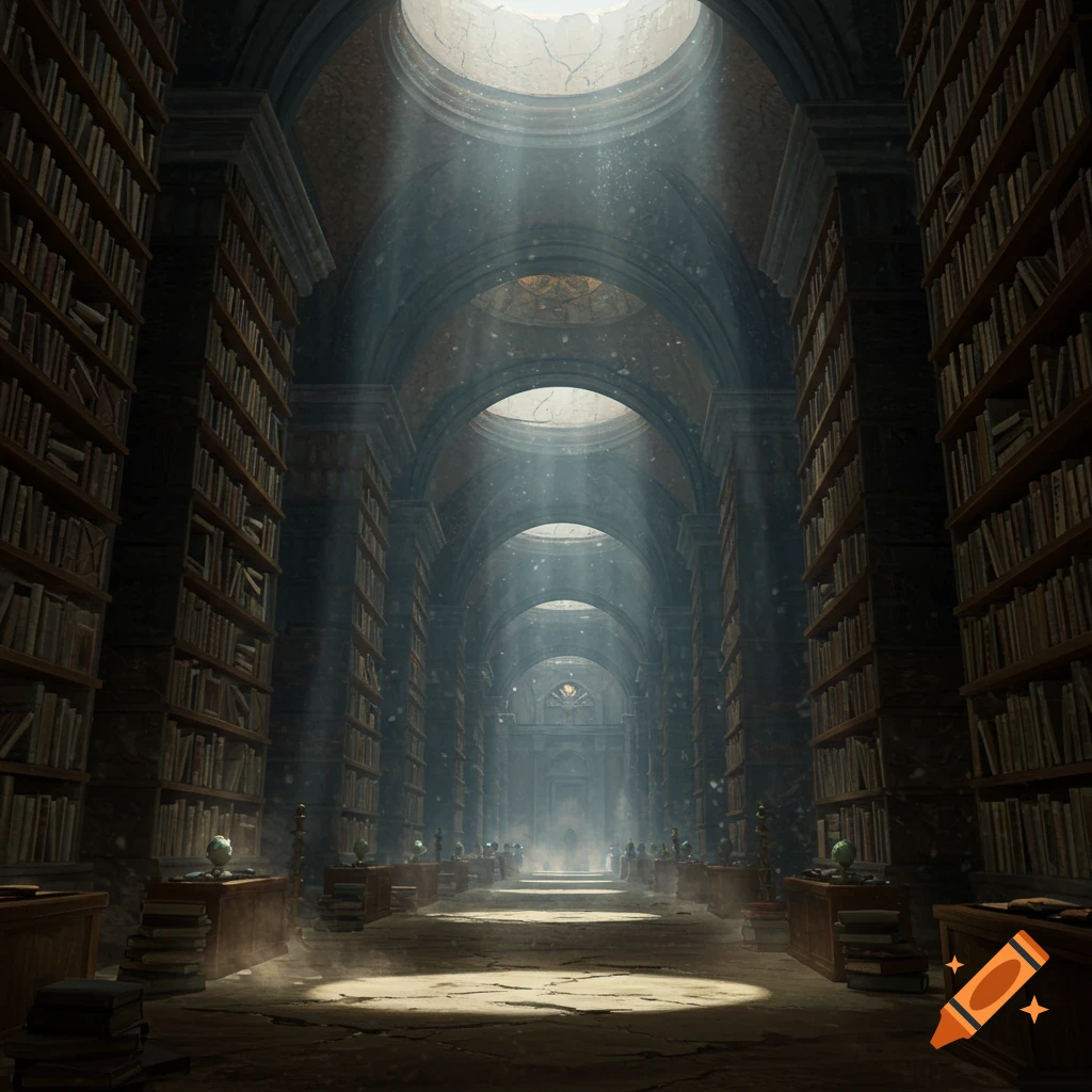 Grand, dimly lit library hallway with towering bookshelves and sun rays streaming from arched windows.