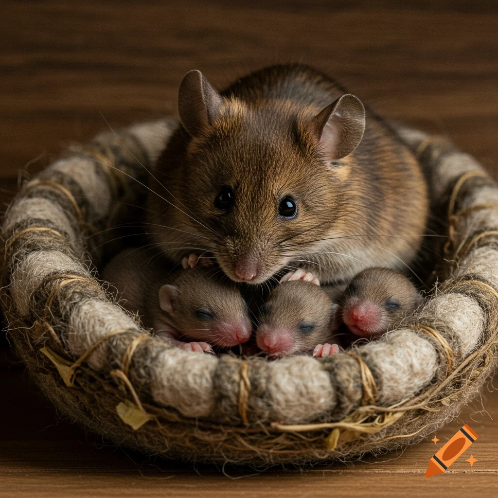 Close-up photograph of a mother mouse with soft brown fur and three baby mice snuggled in a cozy nest.