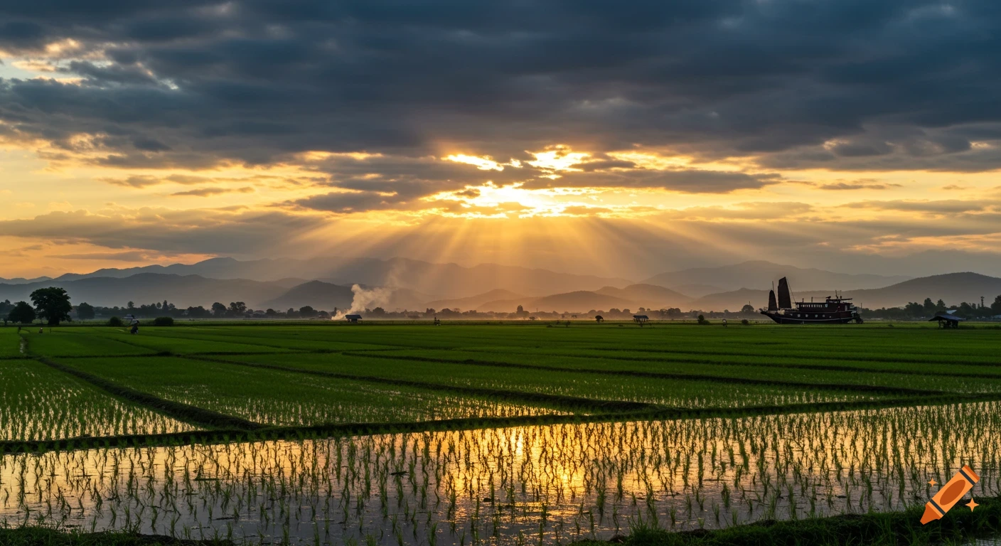 Sunset over a rice field with mountains and a boat.