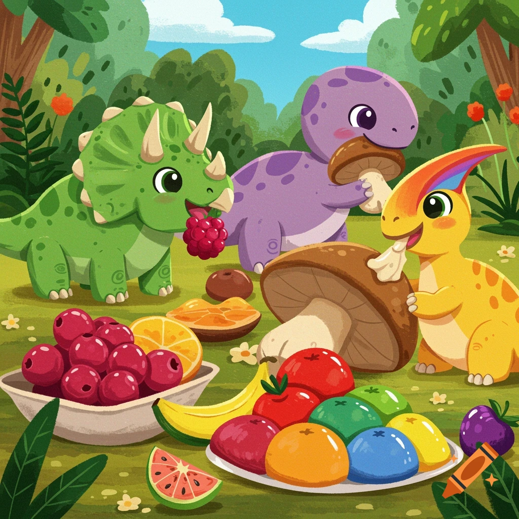 Cartoon dinosaurs eat fruit and mushrooms in a forest clearing.