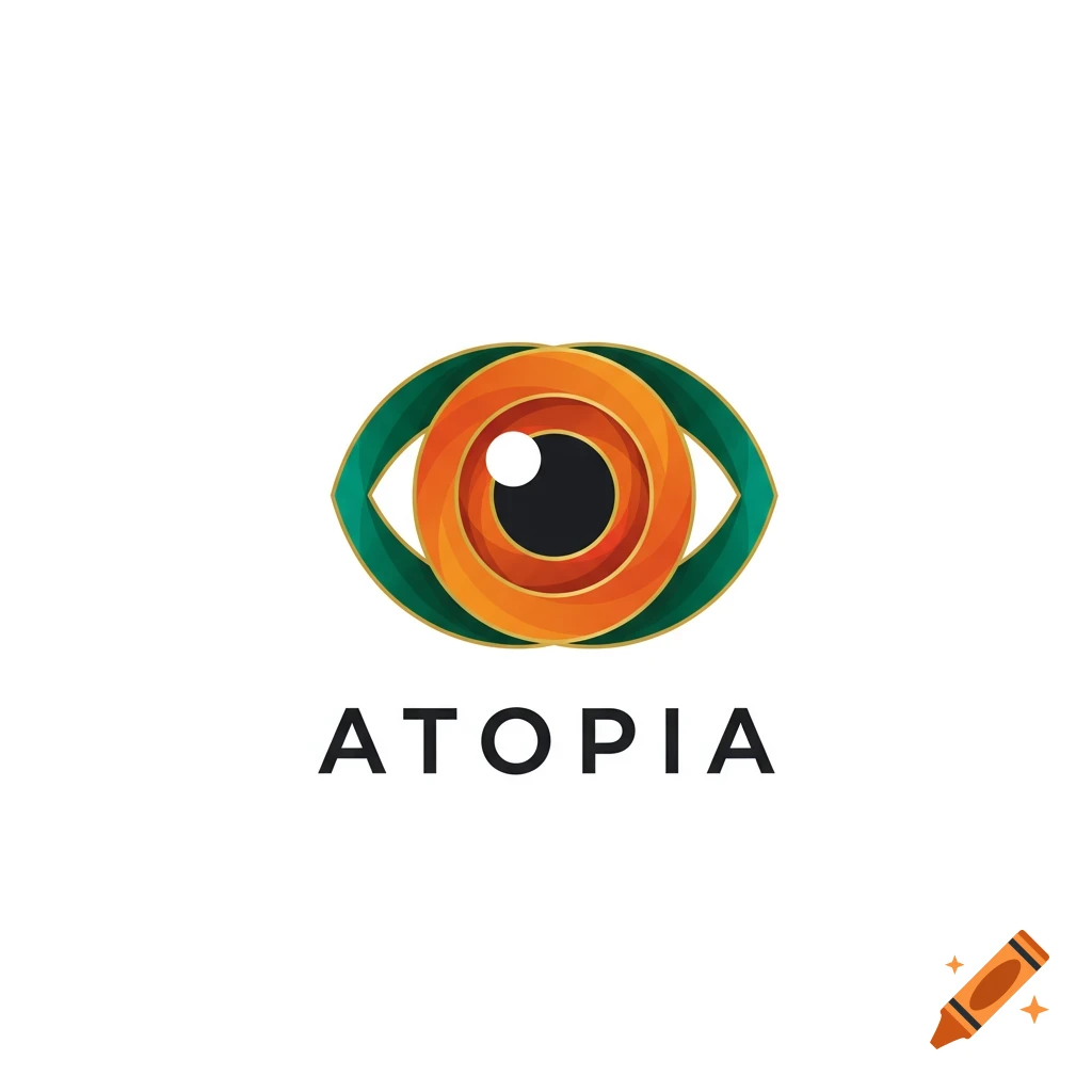 Abstract eye logo in orange, green, and gold above the text ATOPIA.