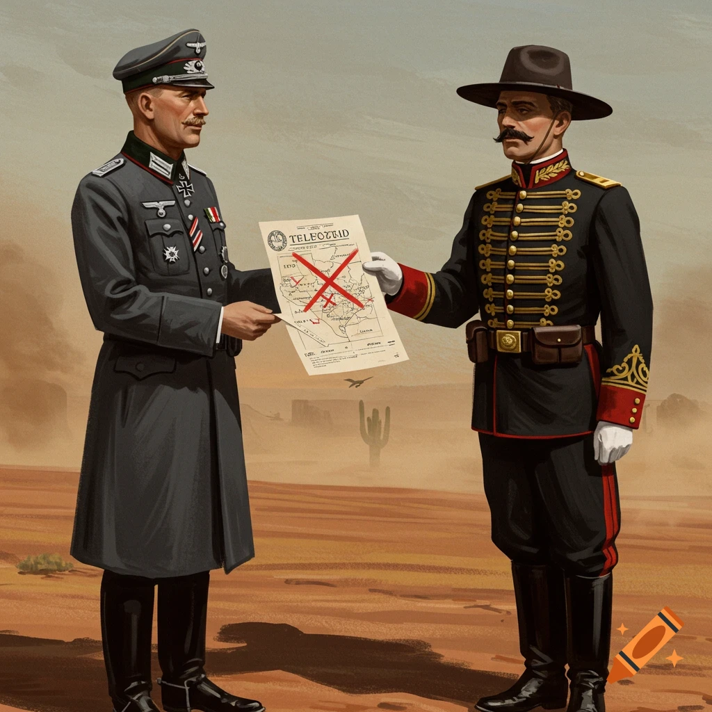 A German officer and a Mexican general in a desert, holding a map with red X marks.
