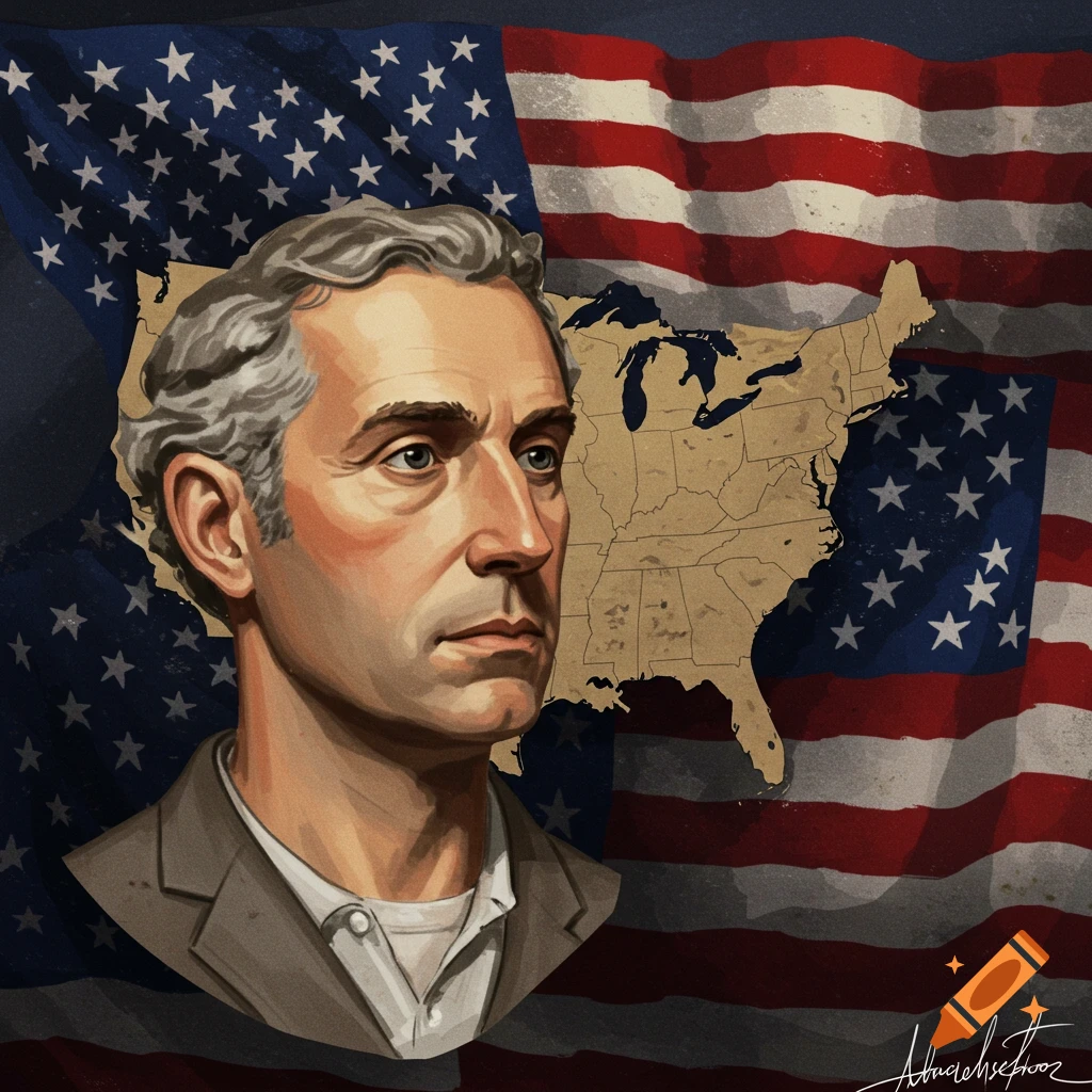 A man in a suit is shown, with an American flag and a map of the US in the background.