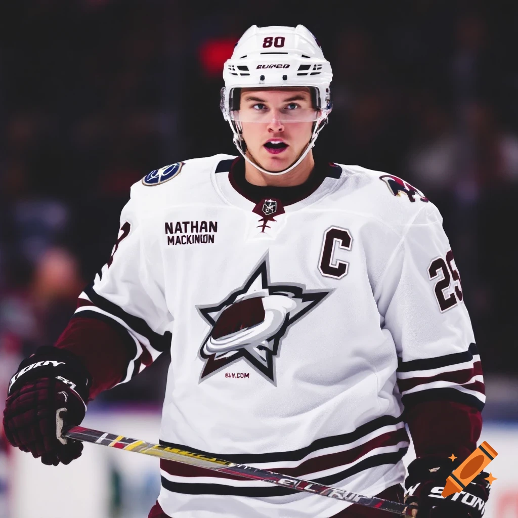 Close-up of a hockey player in a white jersey, holding a stick.
