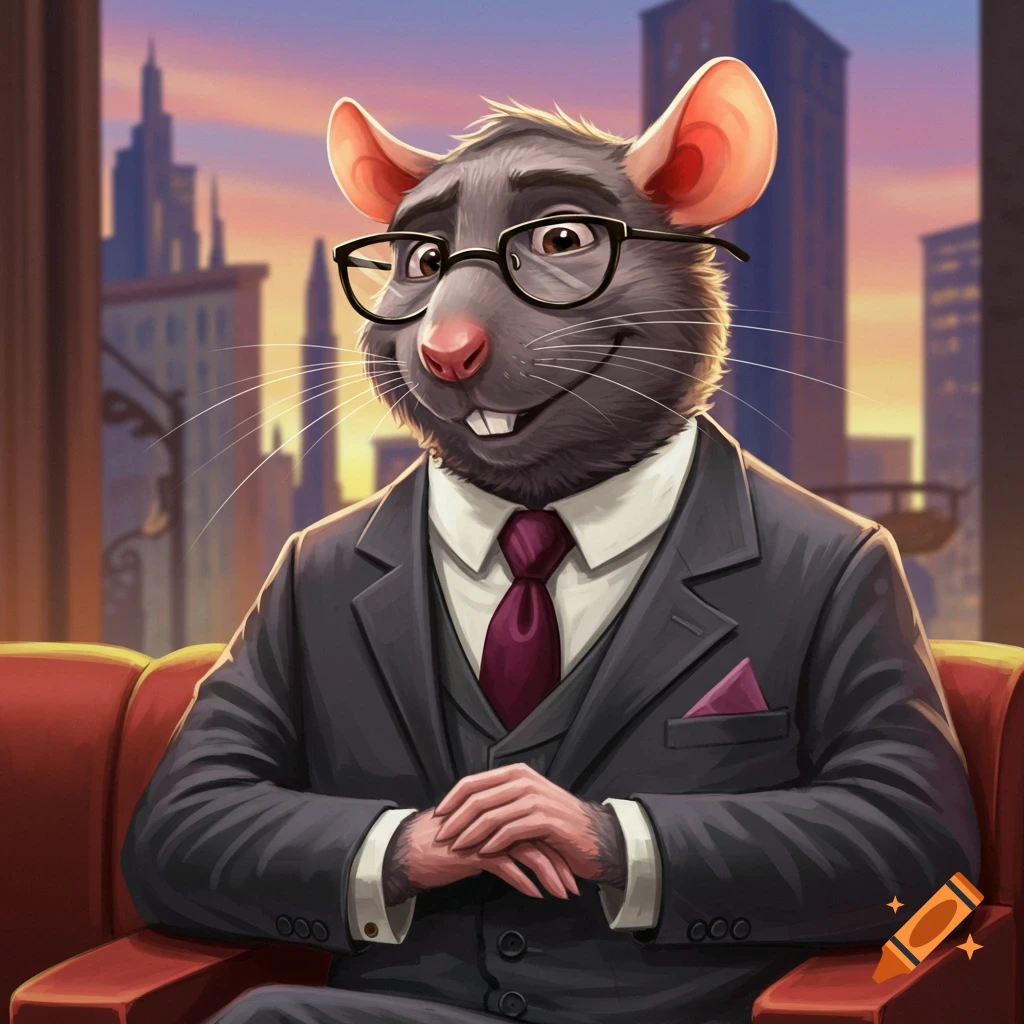 An anthropomorphic rat wearing a suit and glasses, sitting against a city skyline at sunset.