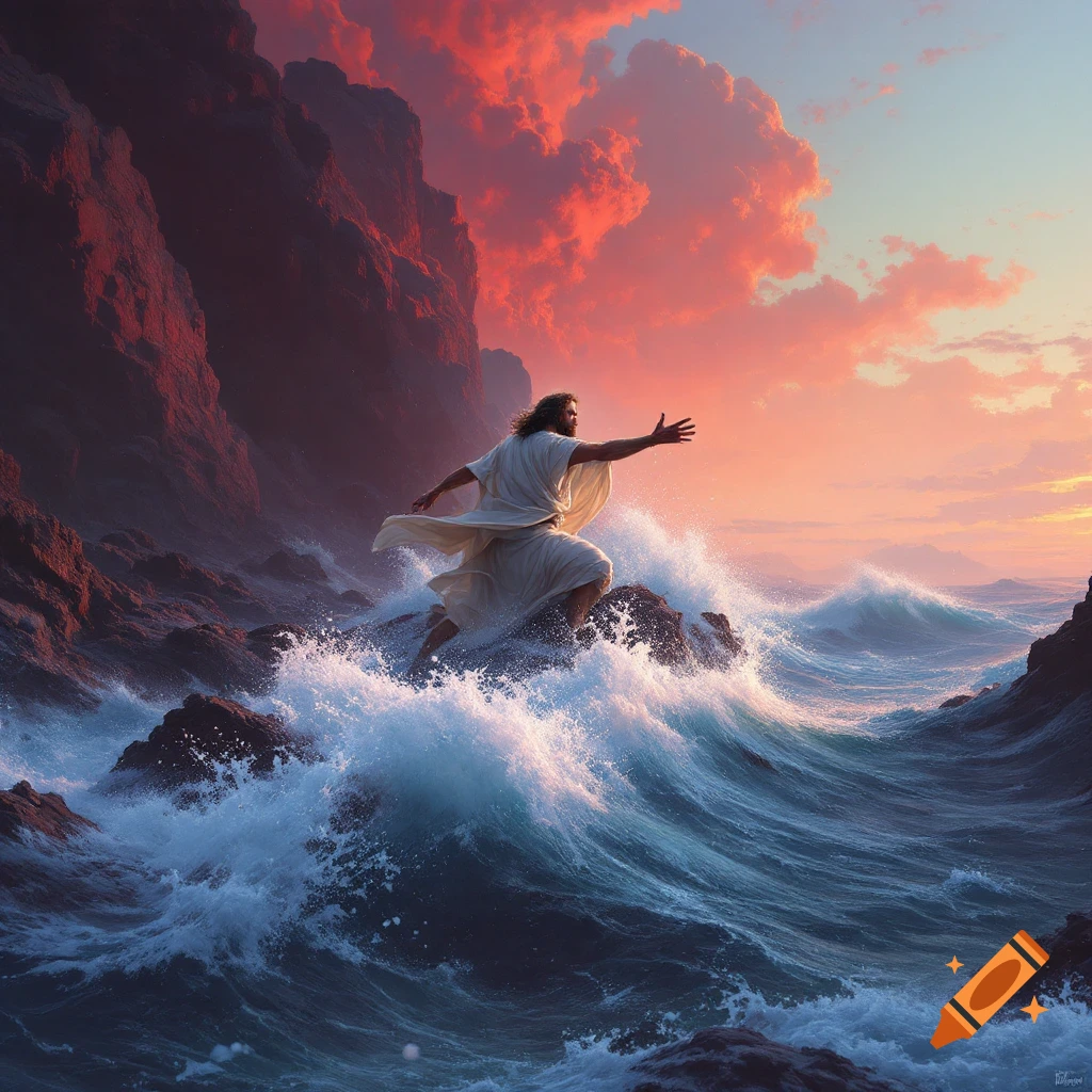 A figure in a white robe stands on rocks in a stormy sea under red clouds.