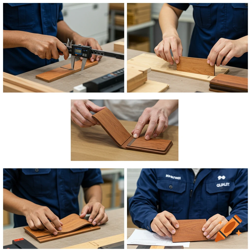 Multiple panels showing hands inspecting and assembling a wooden wallet.