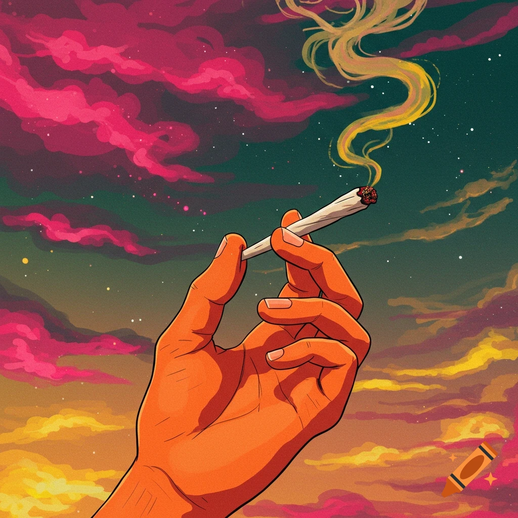 A hand holds a lit joint against a vibrant, starry sky with pink and orange clouds.