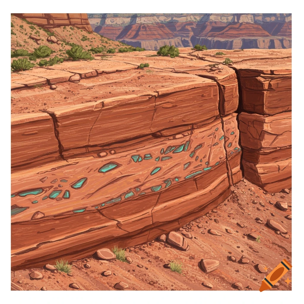 Red rock layers with blue formations, overlooking the Grand Canyon.