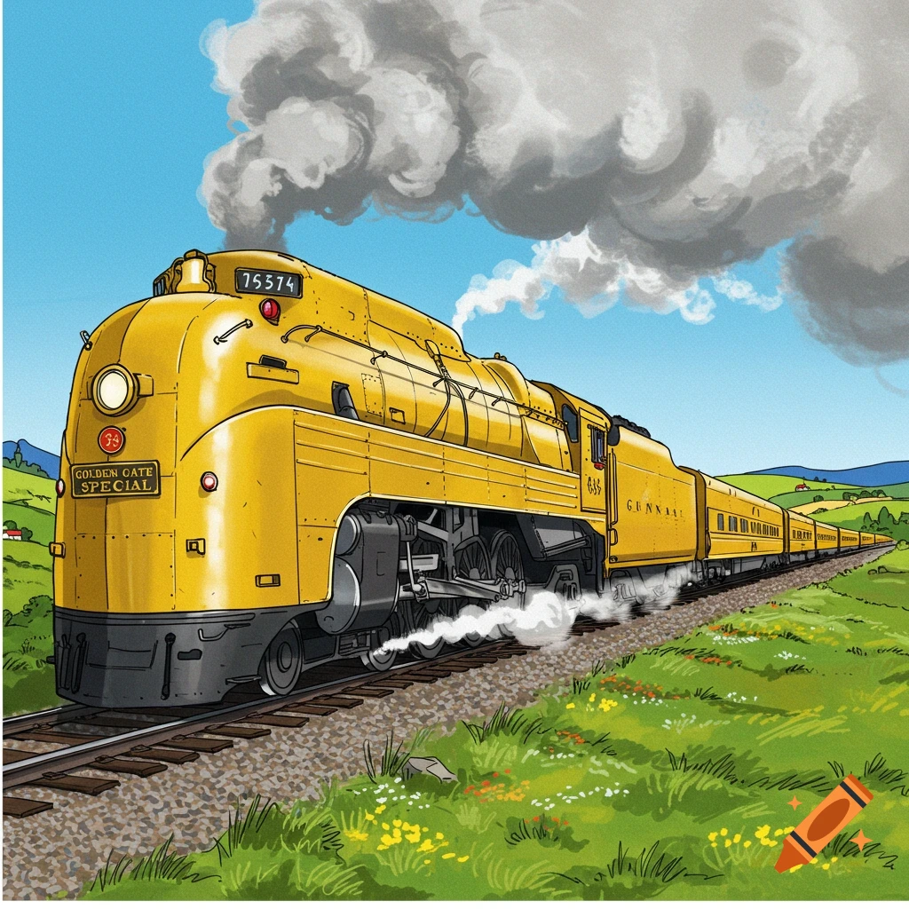 A bright yellow train travels through a green, hilly landscape under a blue sky.