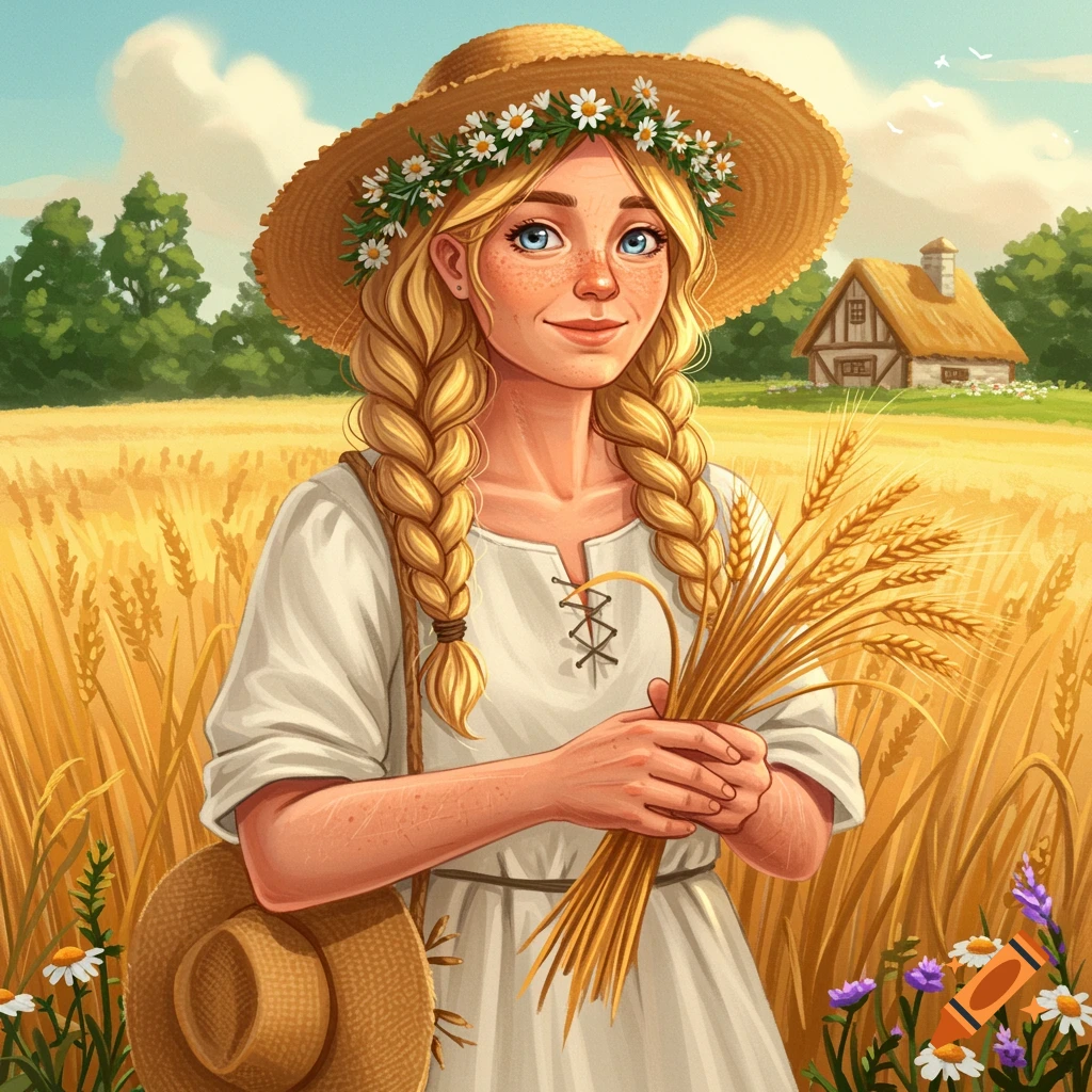 A fairytale image of a young woman in a straw hat holding wheat in a sunny field.