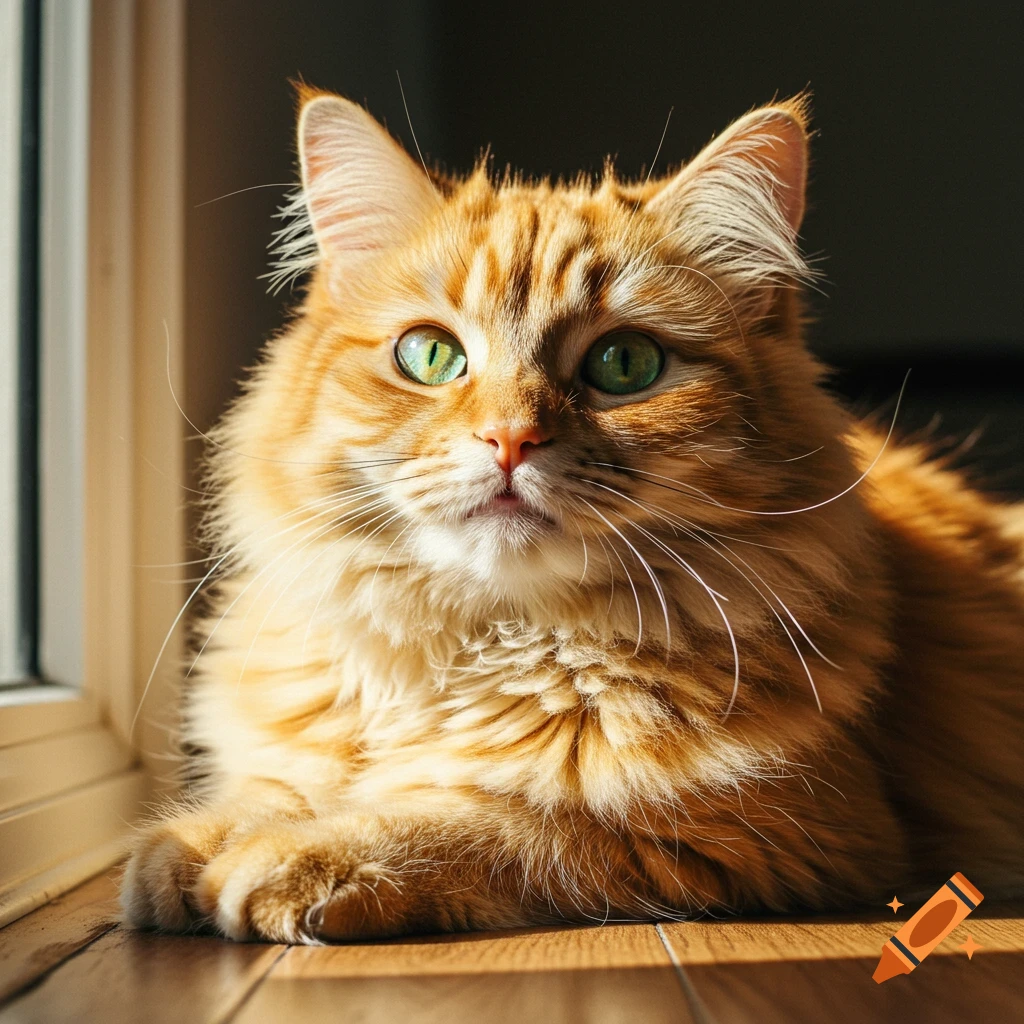 Close-up photo of an orange cat with green eyes lying by a window