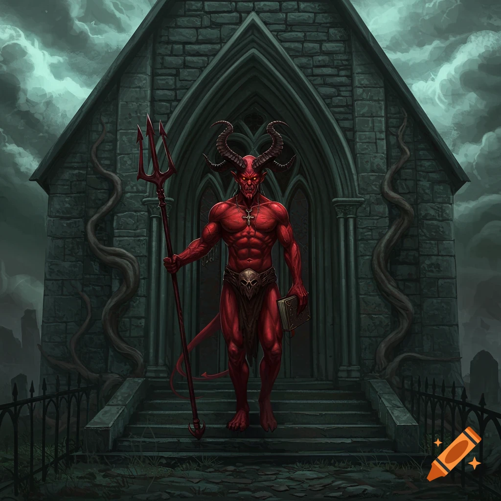 A red-skinned, horned demon stands on church steps under a dark sky.