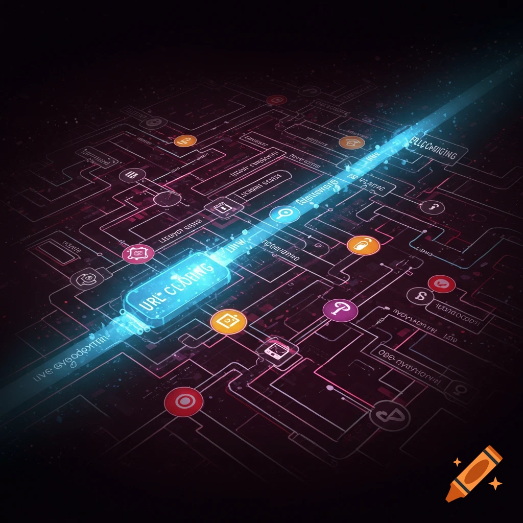 Digital art showing a network of glowing lines and nodes, labeled with terms like 'URL CLOAKING' and 'BLOCKCHAINING'.