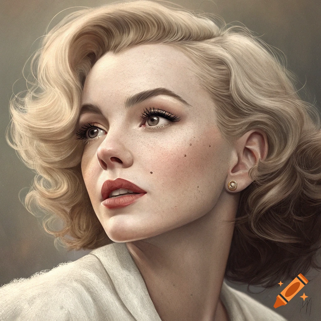 Detailed portrait of a woman with blonde hair and red lipstick looking upwards.