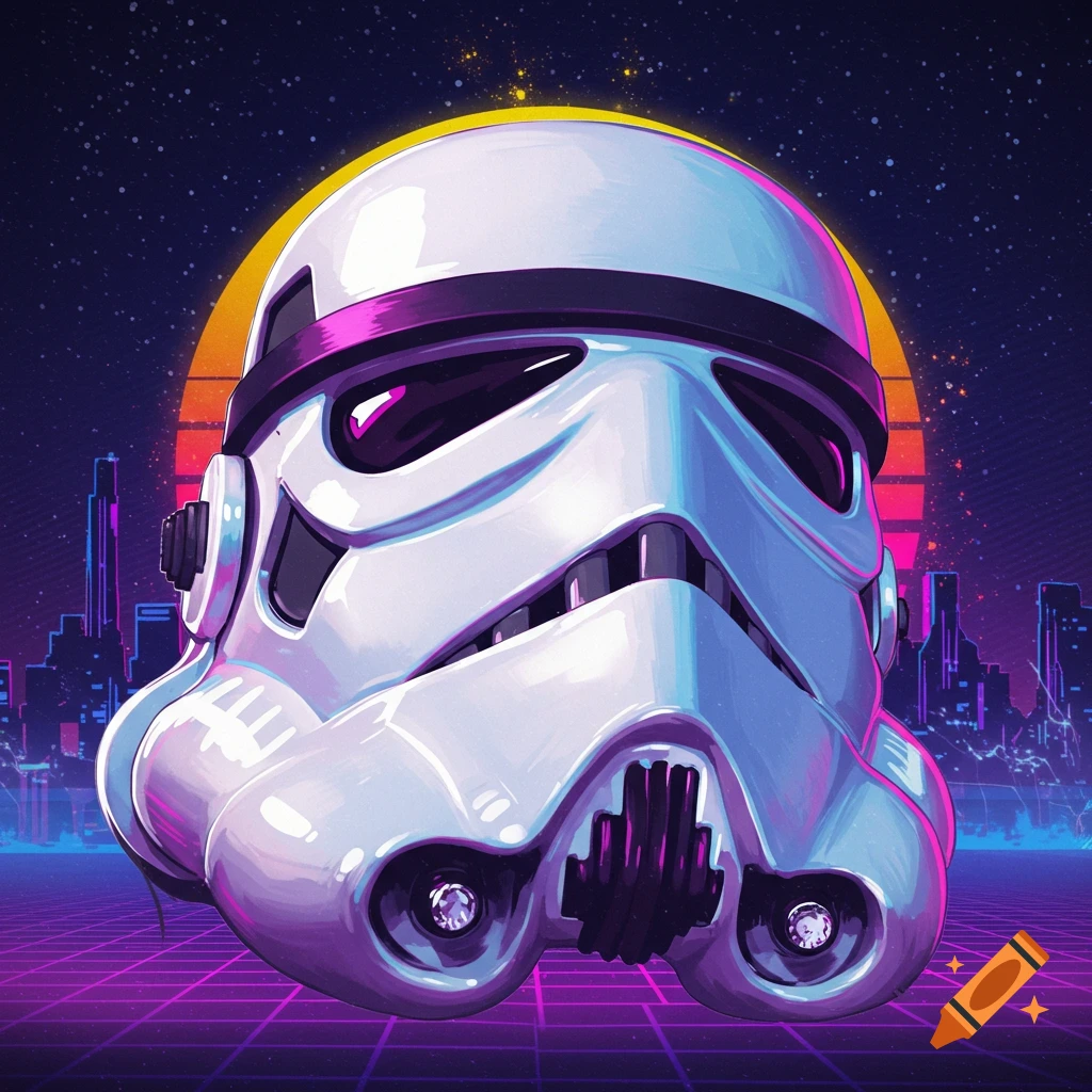 A Stormtrooper helmet in synthwave style with a retro sunset and grid background.