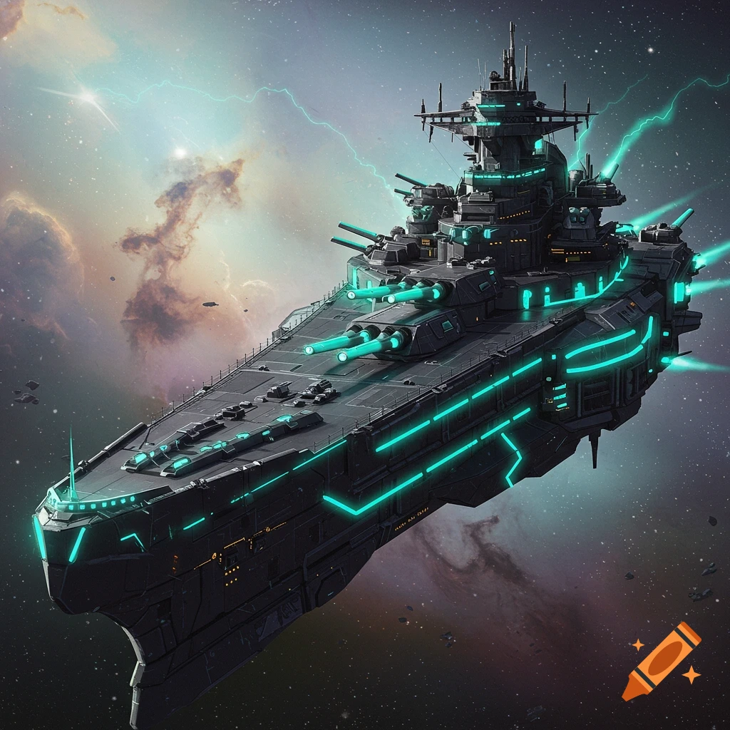 A futuristic battleship with glowing teal lights floats in space.