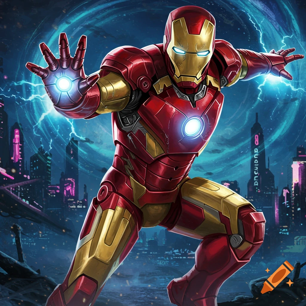 Iron Man flies over a futuristic city with energy glowing from his hands and chest.