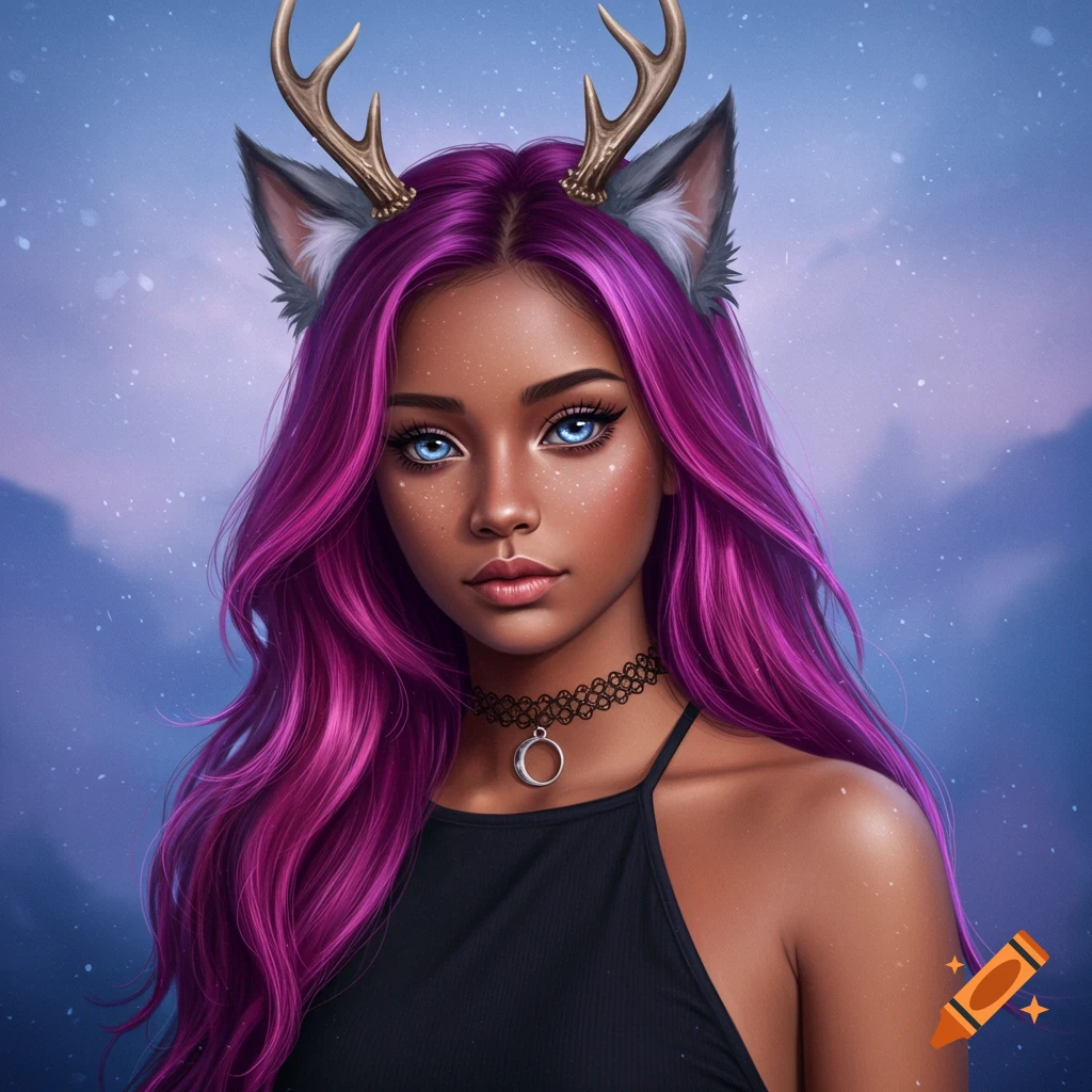 Digital portrait of a girl with purple hair, wolf ears, deer antlers, and blue eyes against a snowy sky.