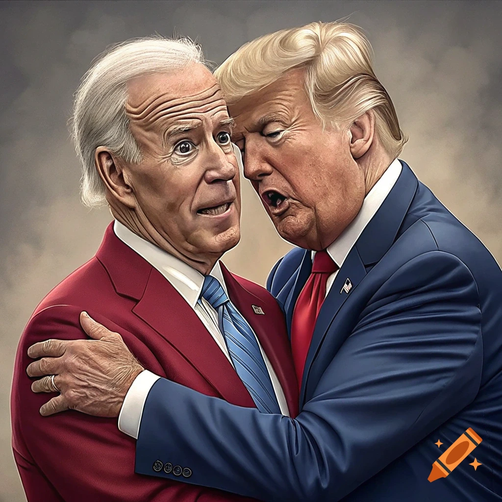 Illustration of Joe Biden in red jacket and Donald Trump in blue jacket in a close embrace