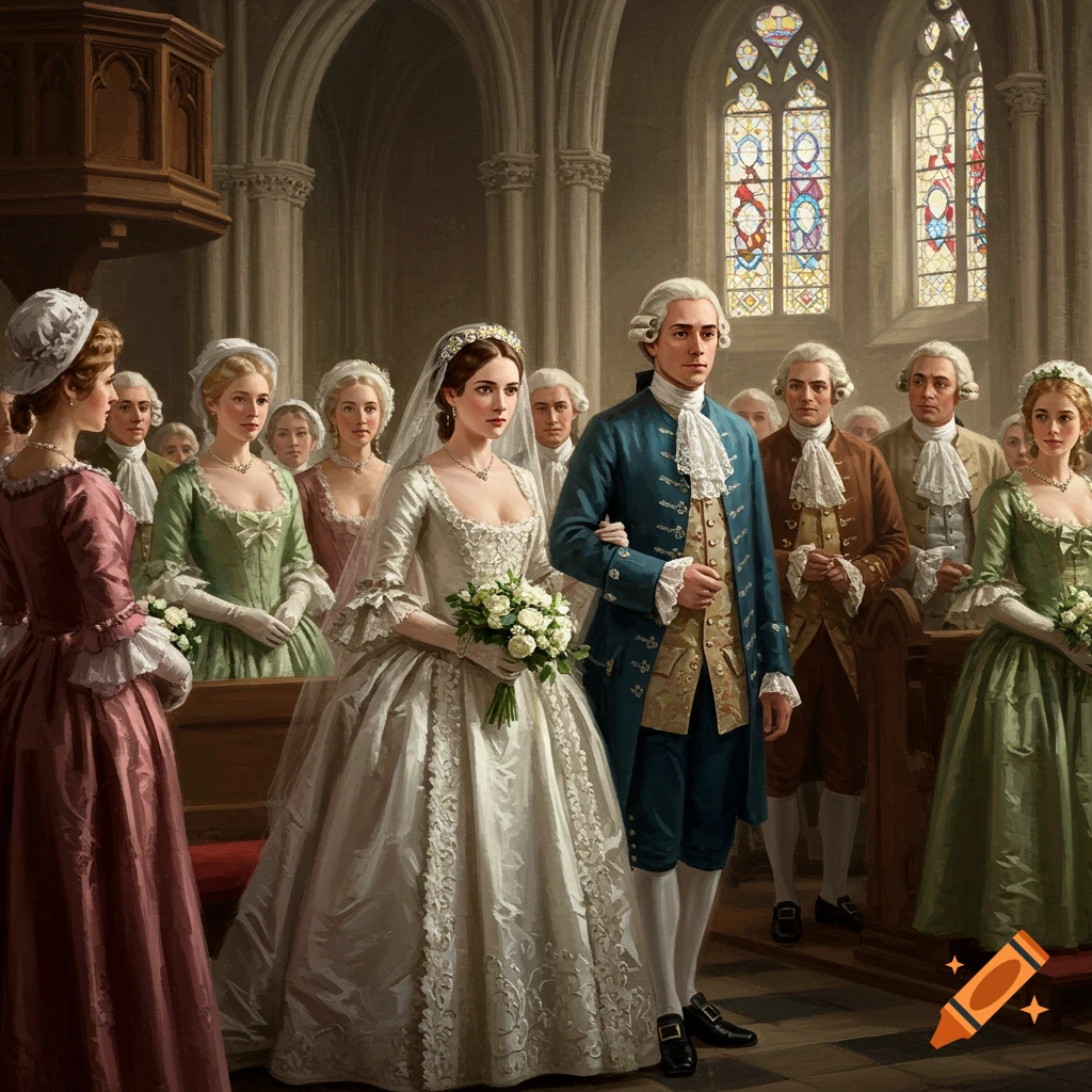 A wedding ceremony in a church with a bride and groom and guests in 18th-century clothing.