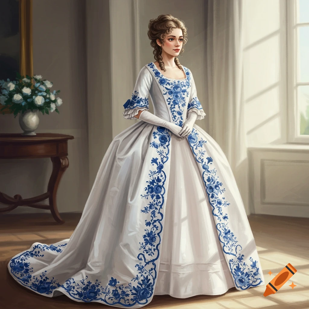 A woman in a historical white dress with blue floral embroidery and hoop skirt stands in a room.