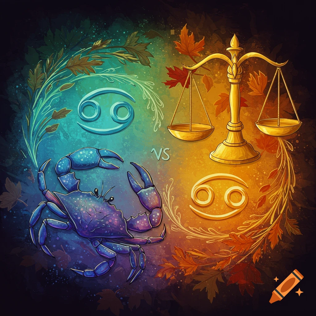 The Cancer and Libra zodiac signs are represented with a crab, scales, symbols, and 'VS' text.