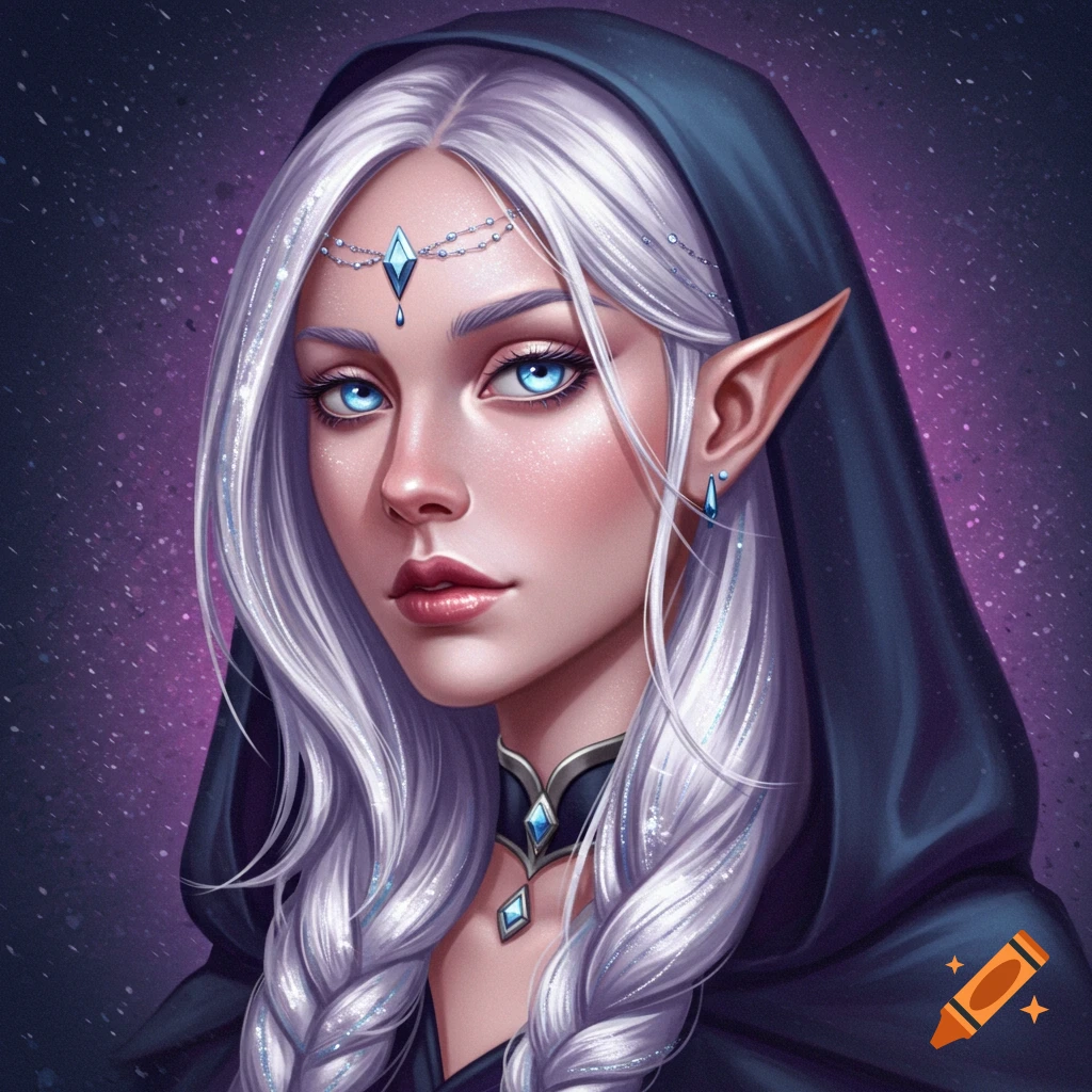A woman with long white hair, blue eyes, and pointed ears, wearing a dark hooded cloak and fantasy jewelry.