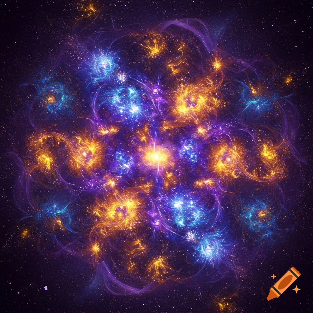 An abstract cosmic scene with glowing fractal patterns in purple, blue, and gold against a starry background.