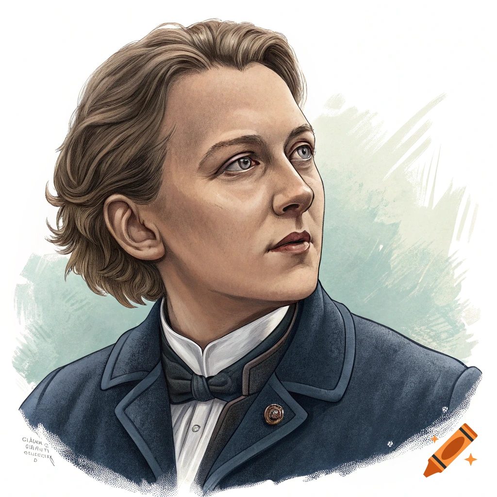 Illustration portrait of a person in period formal attire looking upwards.