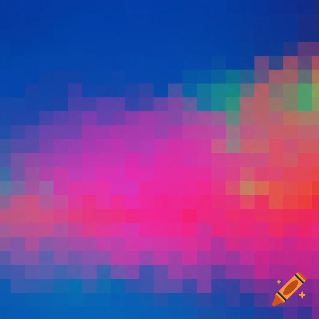 Pixelated abstract background with blue, pink, and orange gradients.