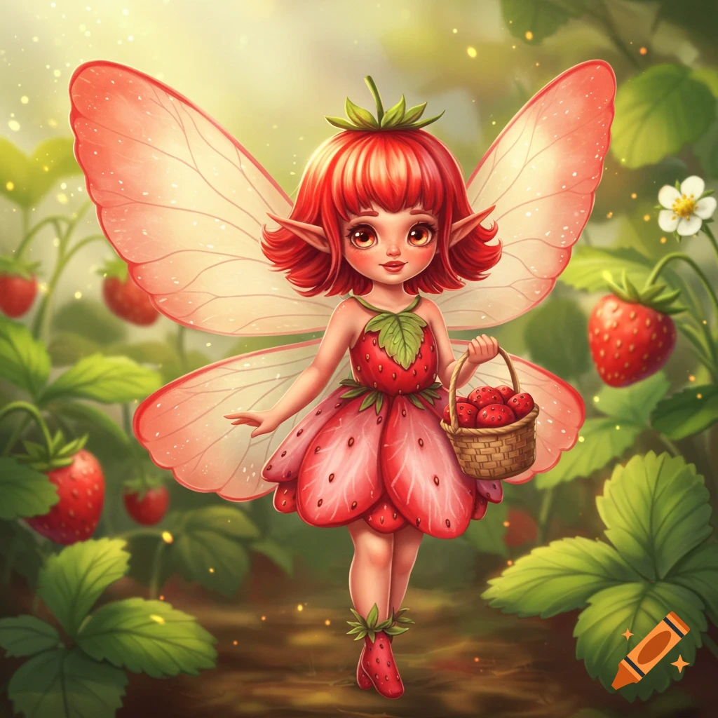 A cute strawberry fairy holding a basket of strawberries in a field.