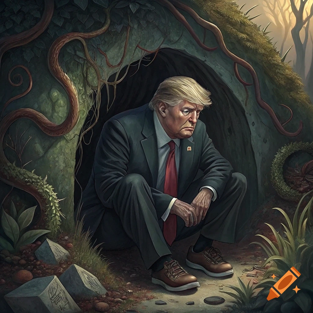 Illustration of Donald Trump crouching in a dark cave, dressed in a suit, in a moody fantasy setting.