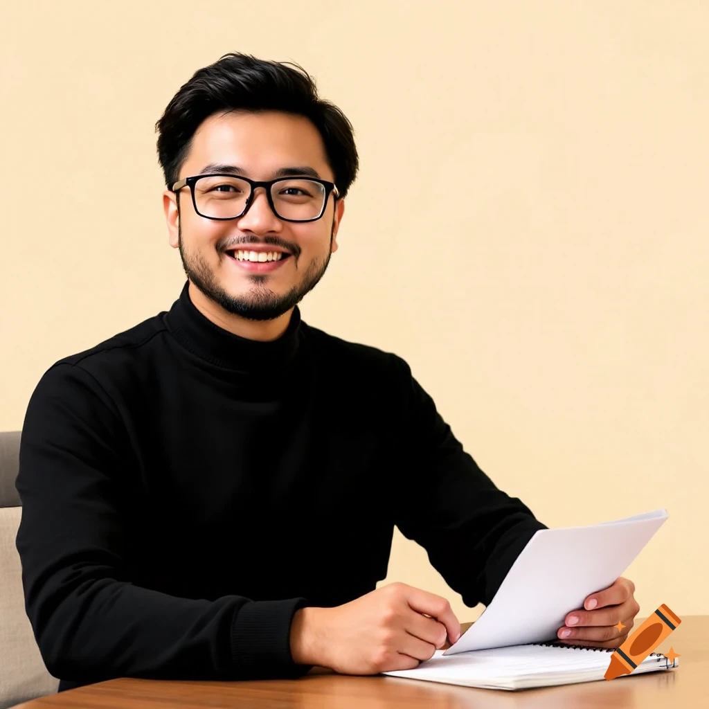 A man with glasses and a turtleneck smiles while sitting at a desk with papers.