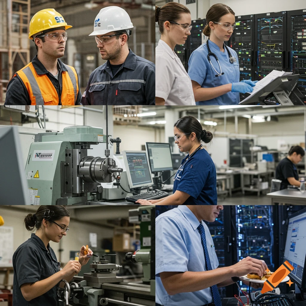 Collage of diverse workers in vocational fields, including construction, healthcare, manufacturing, and IT.