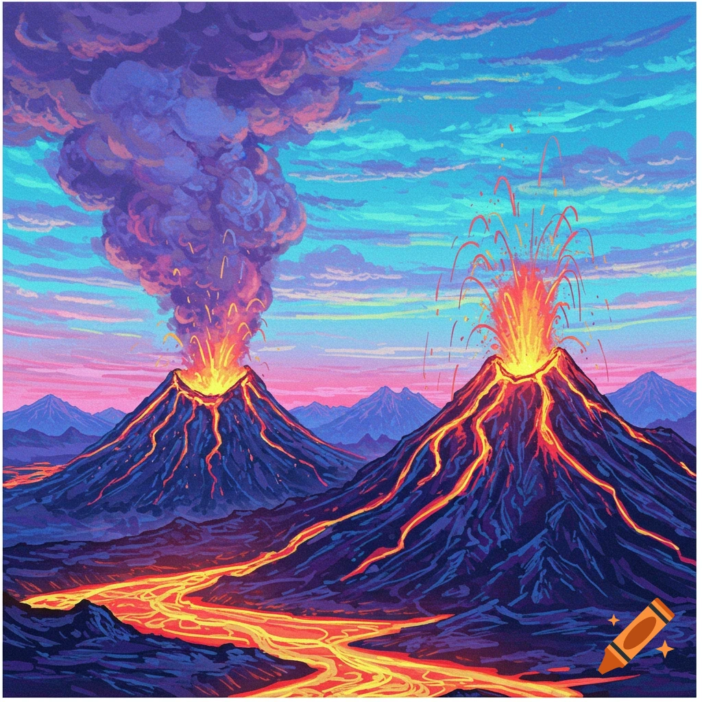 Two erupting volcanoes with flowing lava and a vibrant, colorful sky.