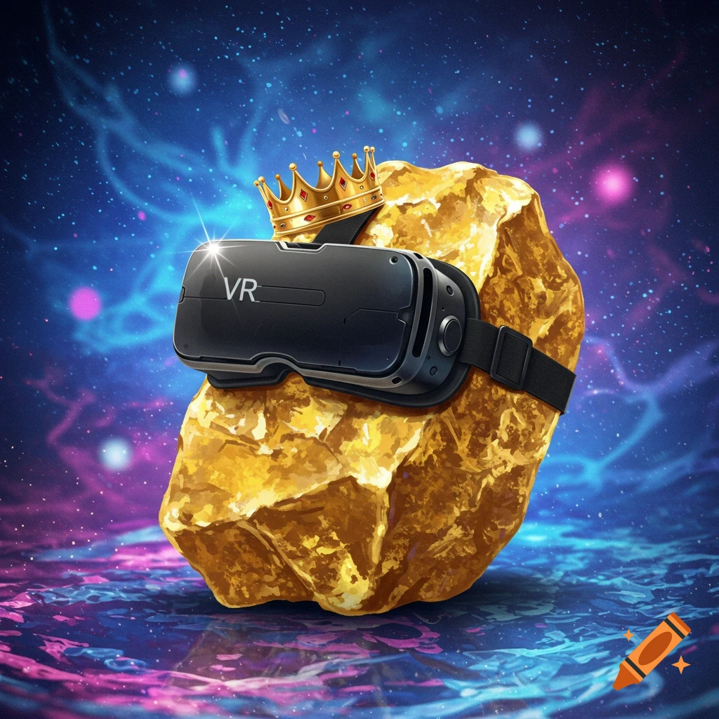A gold nugget wearing a crown and VR headset in space.