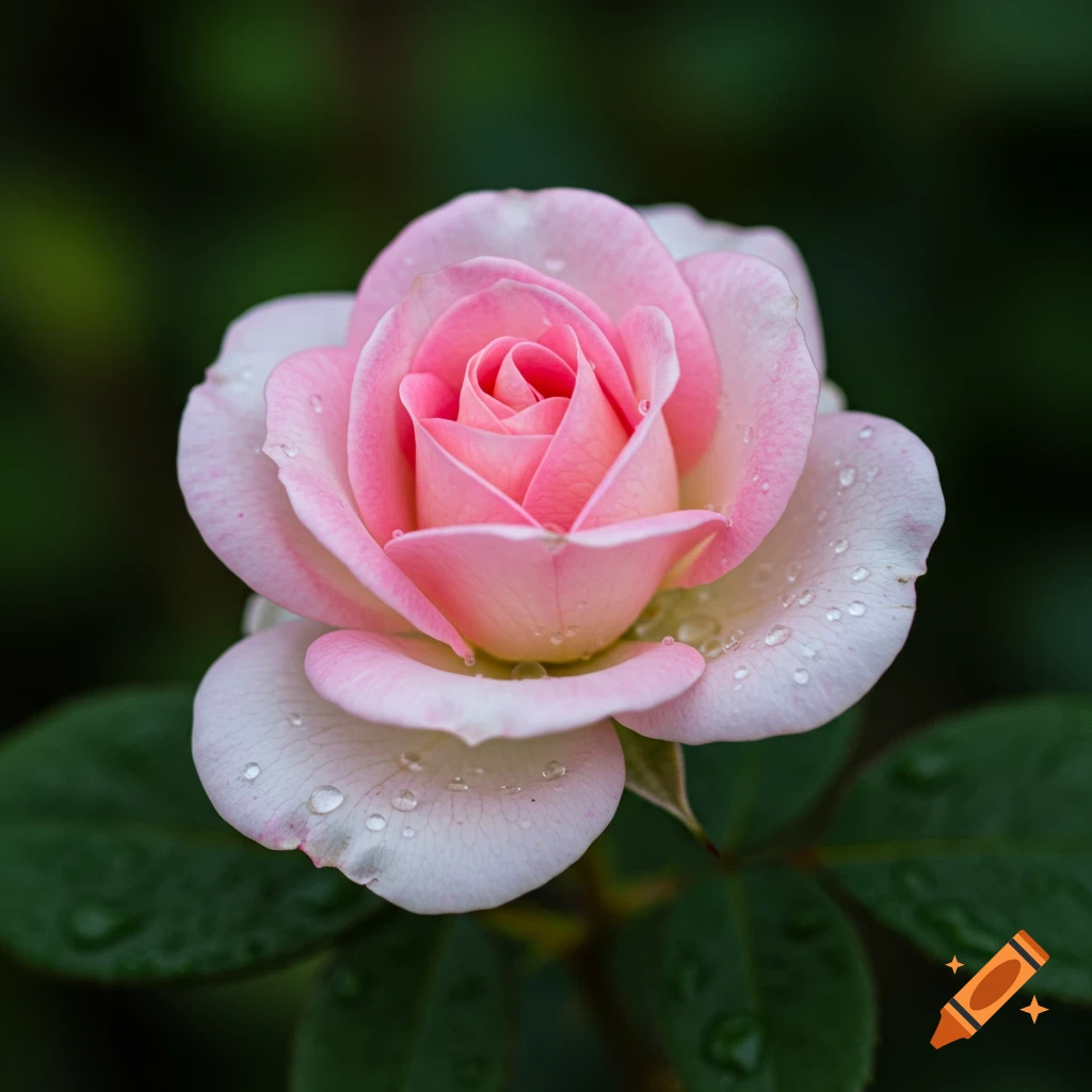 Close-up photo of a pink and white rose with water droplets on the petals.
