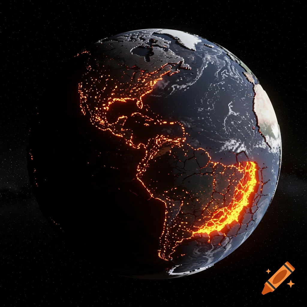 View of Earth from space, cracked and glowing with magma.