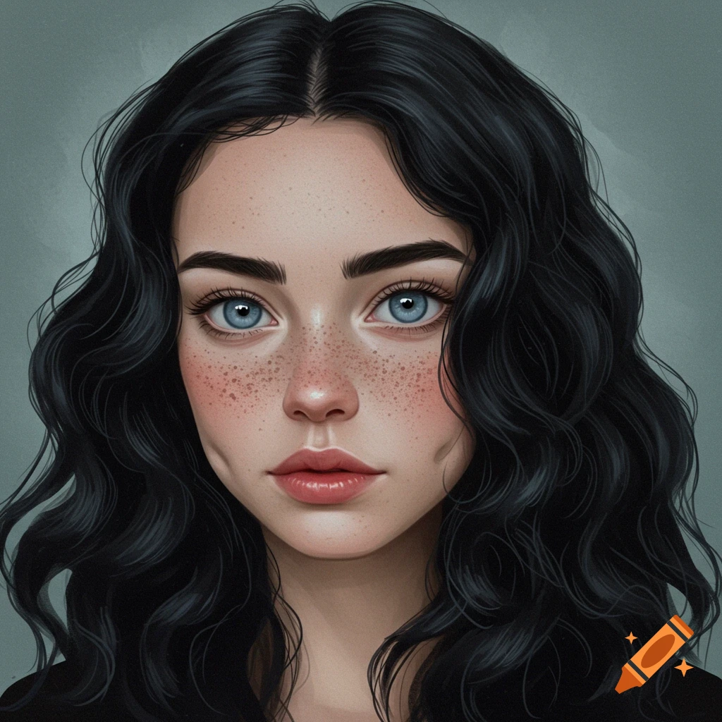 A young woman with dark wavy hair, blue eyes, freckles, and dimples.