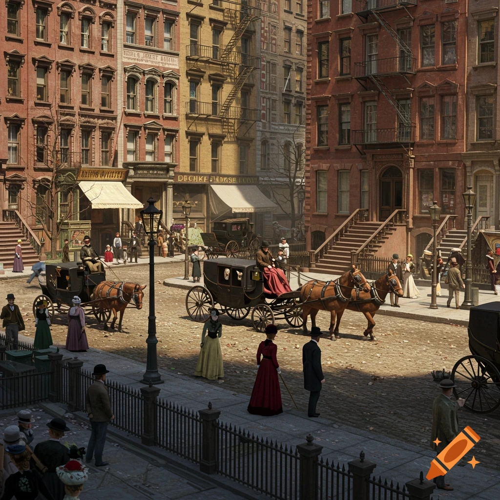 Bustling 1890s New York street with horse-drawn carriages, people in period clothing, and brick buildings.