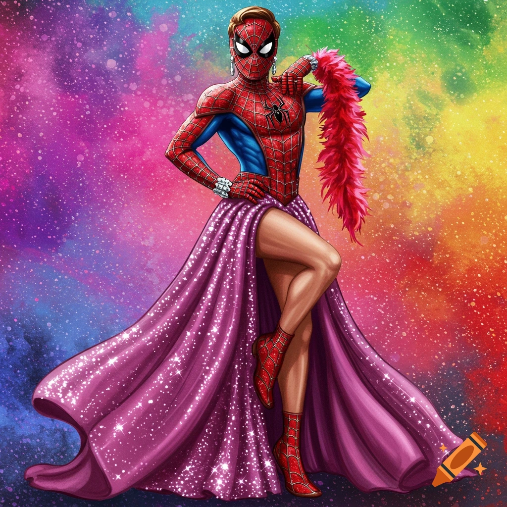 A depiction of Spider-Man in a sparkling purple dress, red boots, and pink boa against a colorful background.