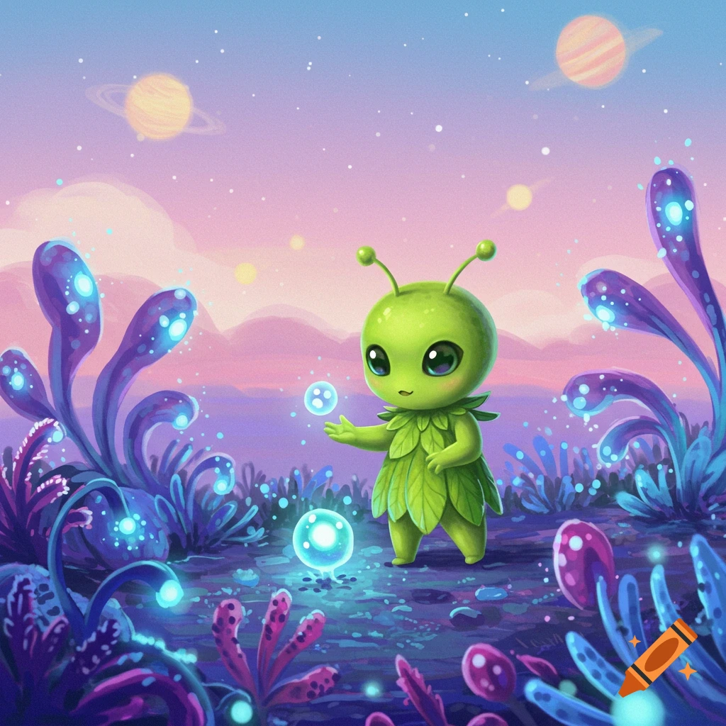 Cute green alien on a colorful alien planet with glowing plants
