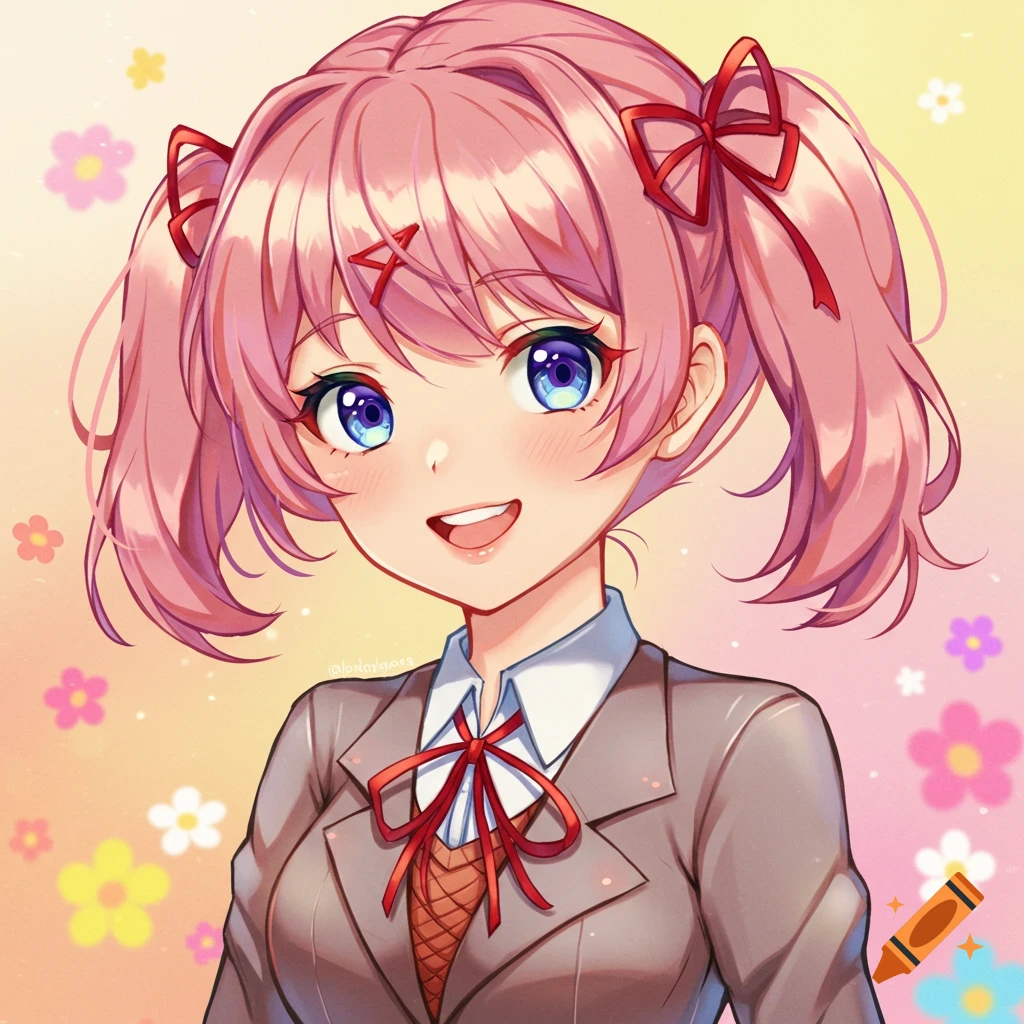 Anime portrait of a girl with pink hair in pigtails wearing a school ...