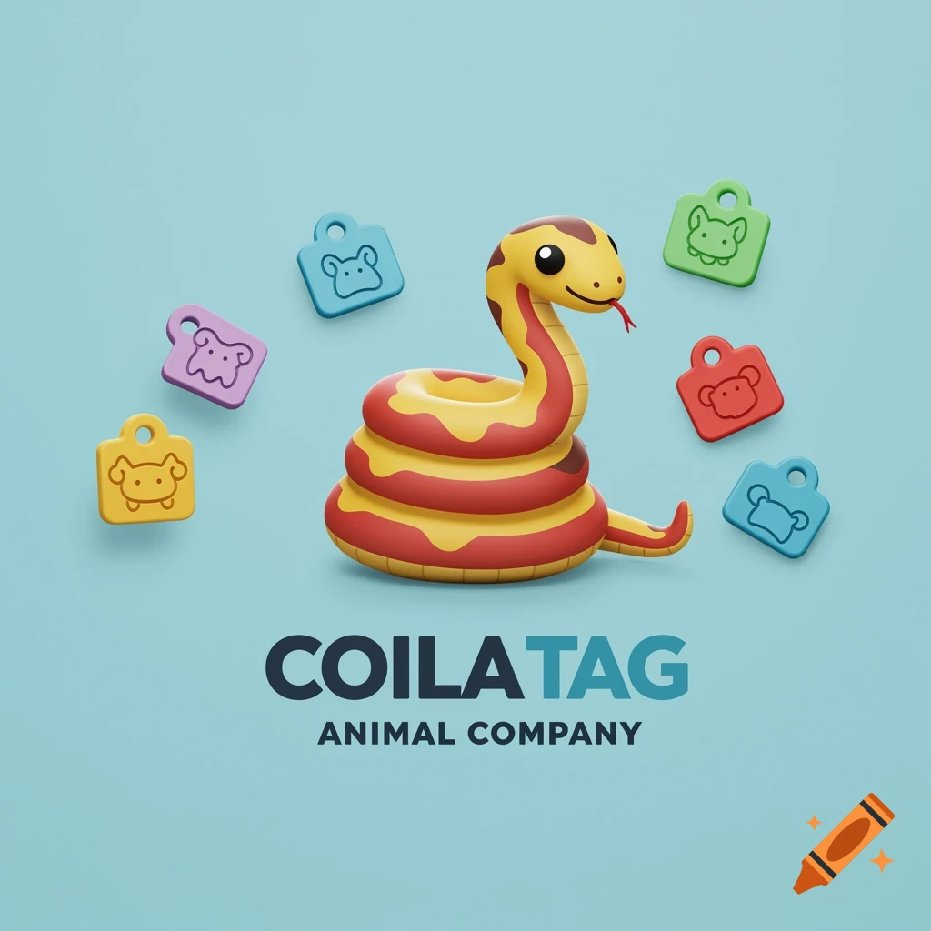 Cartoon snake logo with colorful animal tags and text 'COILATAG ANIMAL COMPANY' on a blue background.