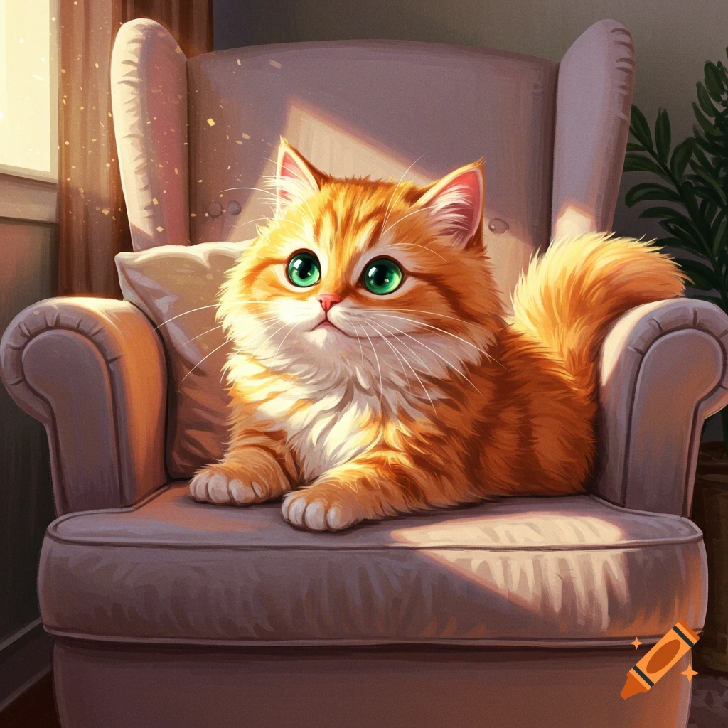 A cute orange cat with big green eyes sits on a chair in a sunny room.