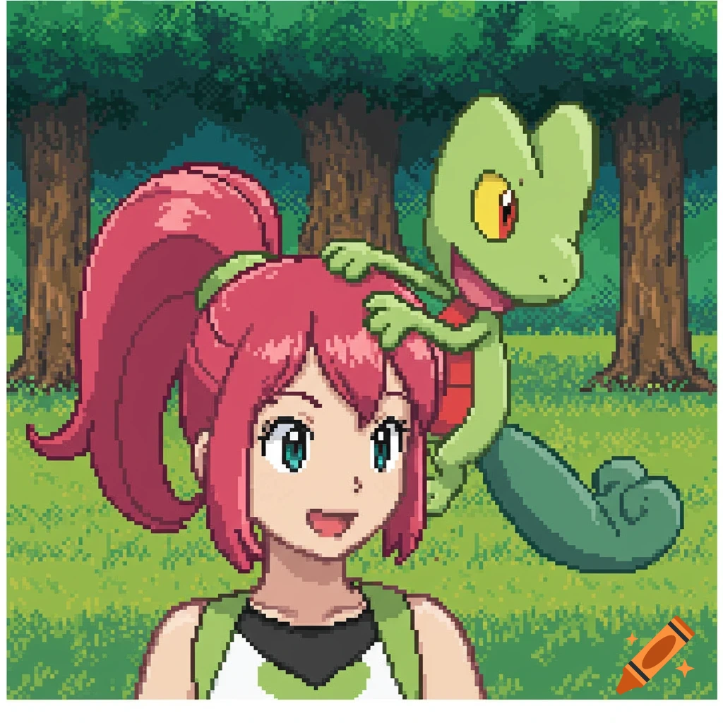 Pixel art of a pink-haired girl trainer and a green Treecko Pokemon in a forest.